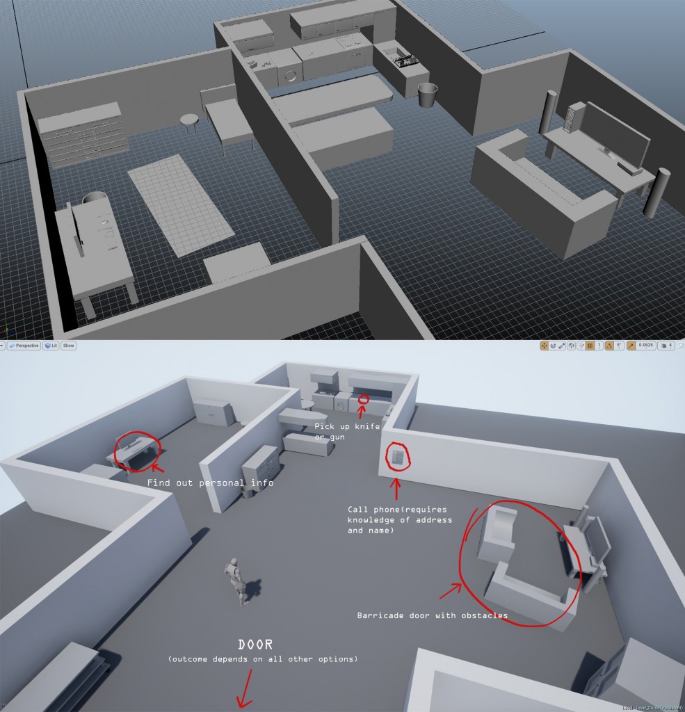 Early mockup of the design of the area in Maya, later laid out in UE4 along with potential interactions.